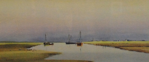 RAY WITCHARD (b. 1928 - ) - A quiet backwater, watercolour, signed, 24cm x 54cm.