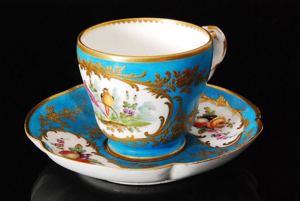 A 19th Century Sevres teacup and saucer, the cup with a handpainted scene of two birds perching on a