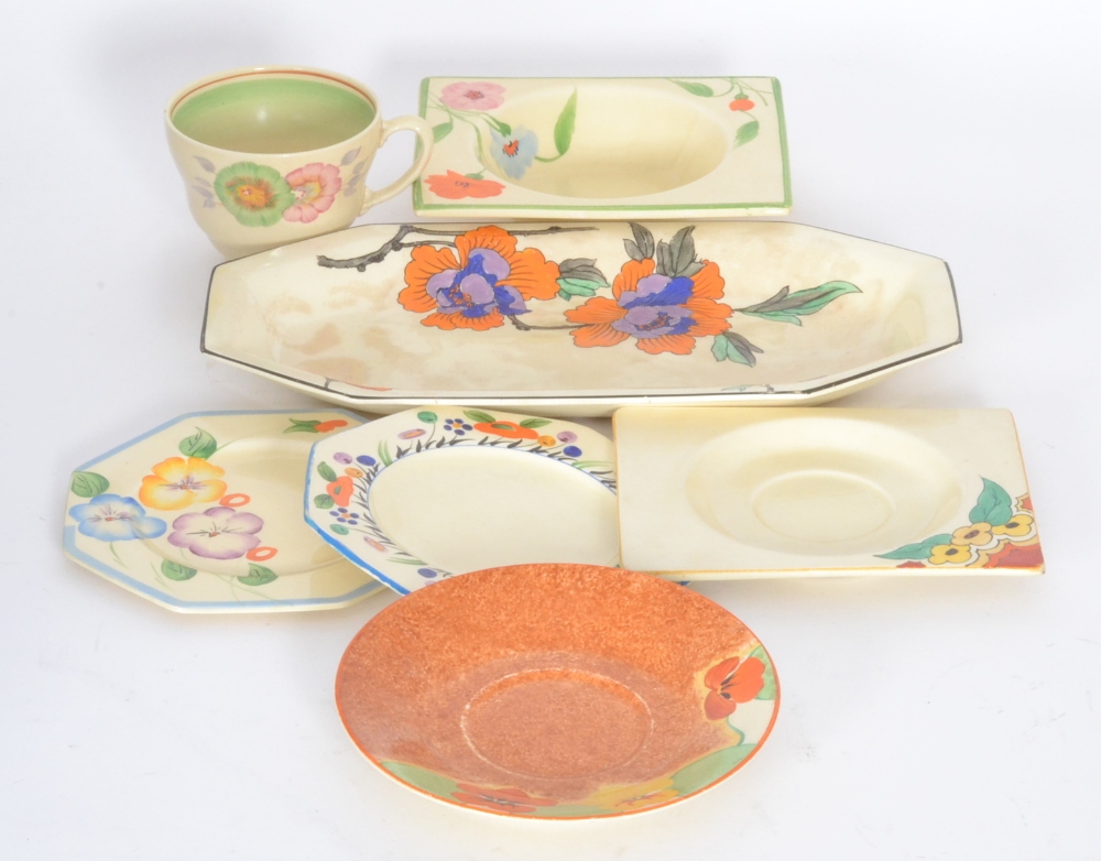 Seven pieces of assorted floral patterned Clarice Cliff and Wilkinsons to include a Biarritz soup