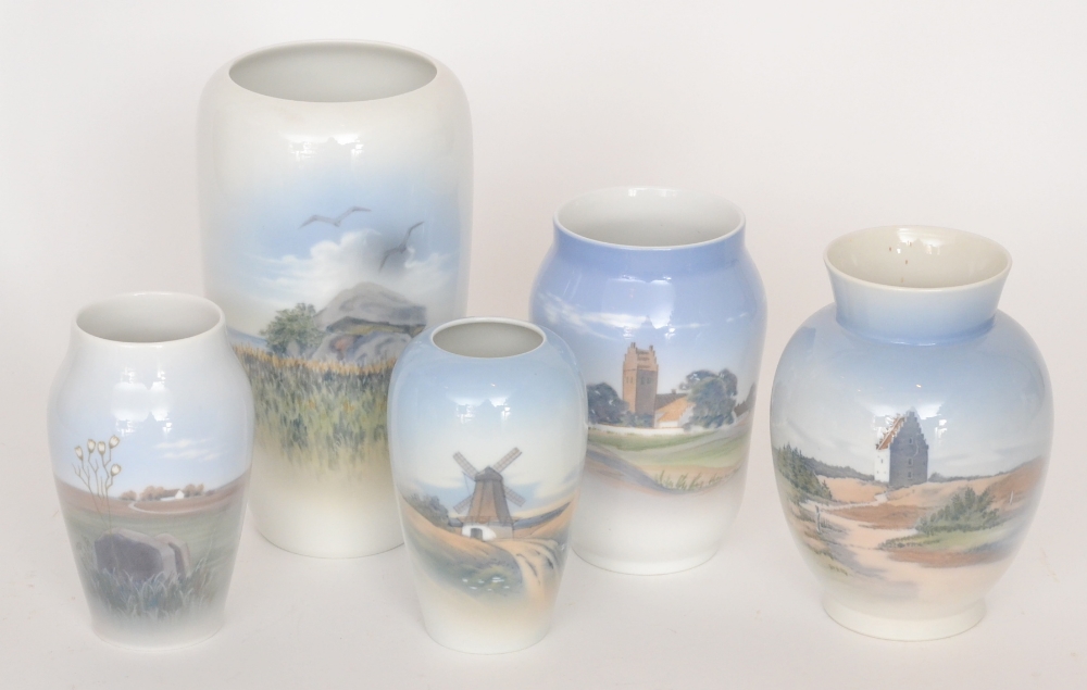 Five assorted Royal Copenhagen vases of varying form, all decorated with handpainted landscape