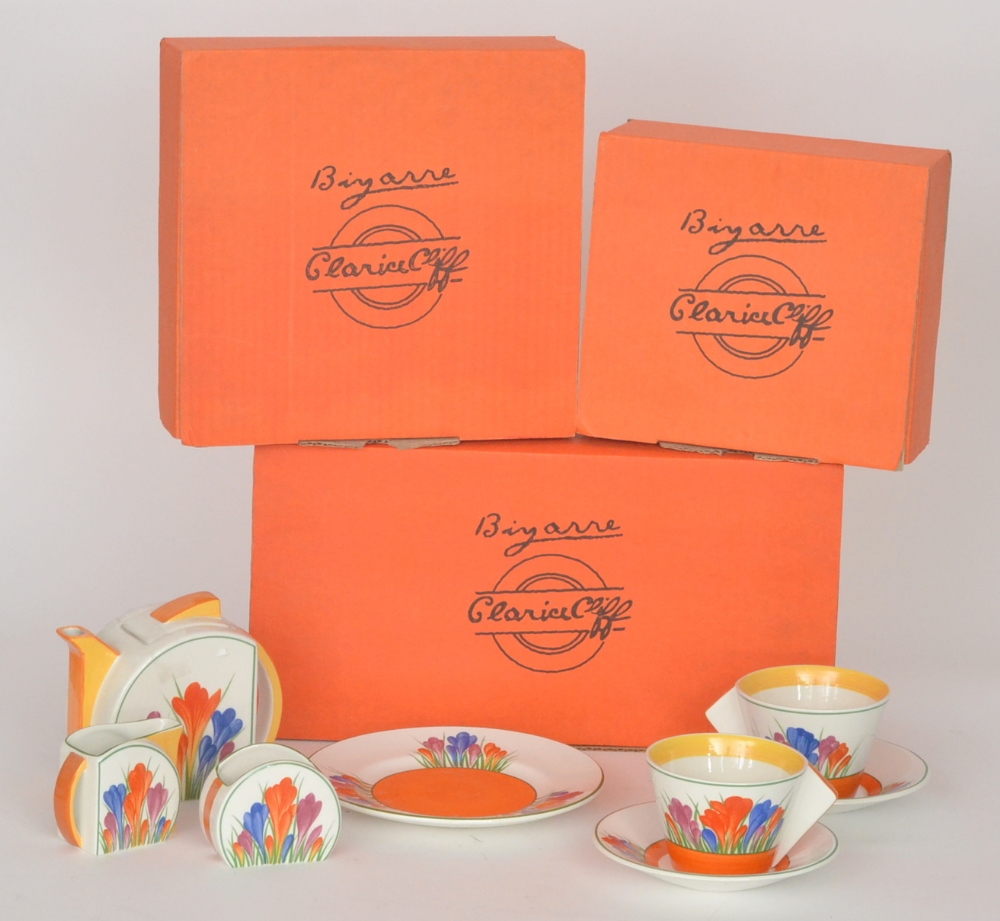 A 20th Century reproduction Clarice Cliff crocus `Tea for Two` comprising a Stamford teapot, two