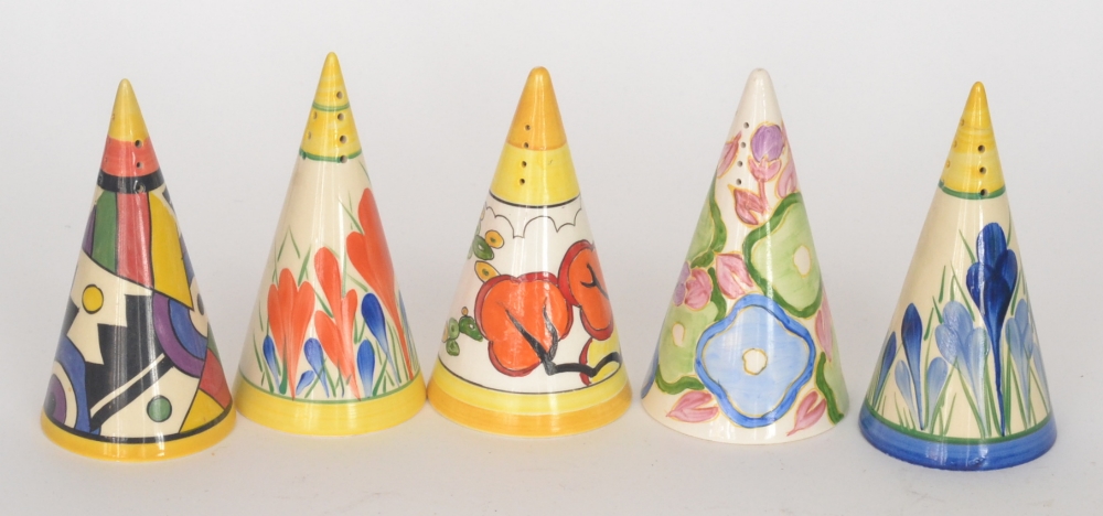 Three Moorland conical sugar sifters decorated with Clarice Cliff designs to include two crocus