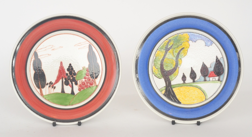 Two Rene Dale handpainted Bizarre Craft side plates both decorated in designs after Clarice Cliff,