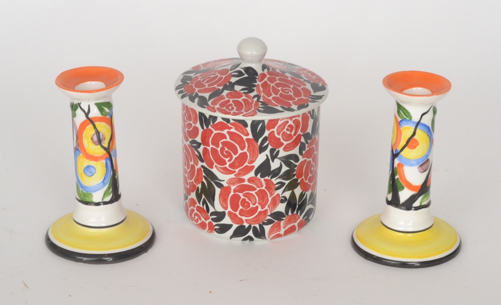 A Rene Dale Bizarre Craft jar and cover decorated in a variant Latona Red Roses pattern, after