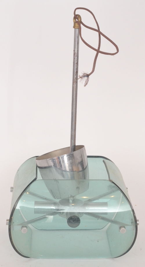 A 1970`s chrome pendant light fitting, pale green glass shade, height 54cm.