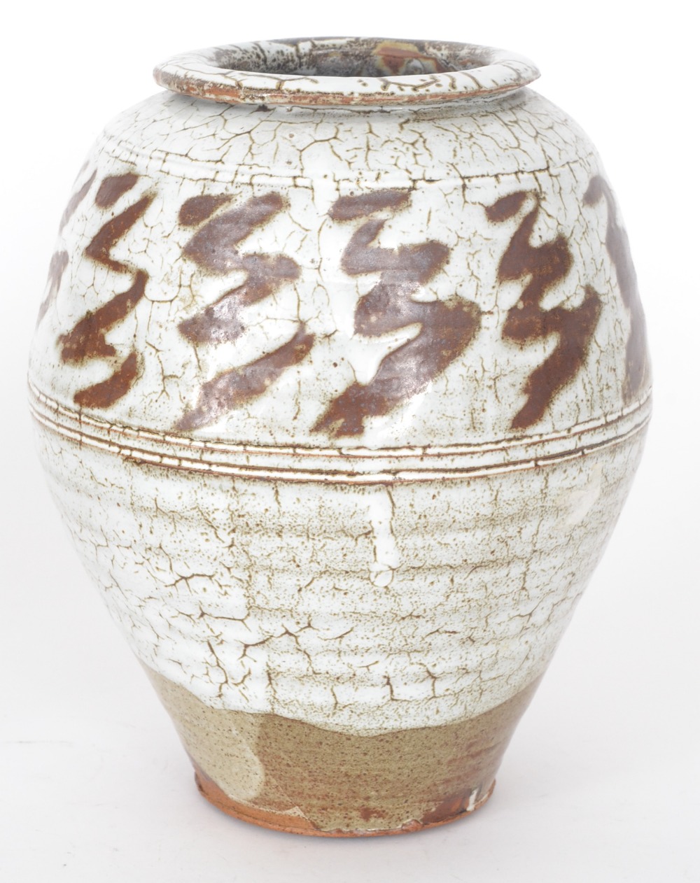 A post war Studio Pottery vase of swollen barrel form with flat collar neck decorated with a