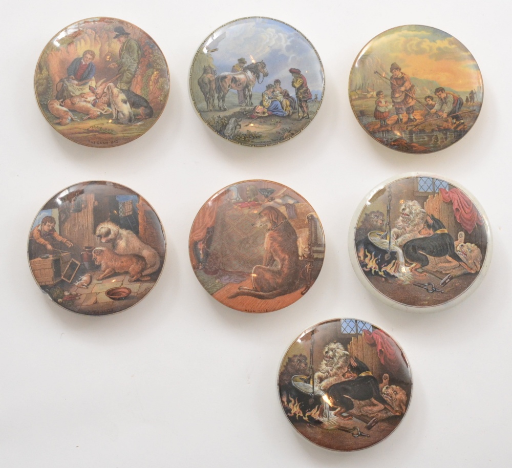 Seven assorted 19th Century Staffordshire pot lids comprising High Life, Both Alike, The Game Bag,