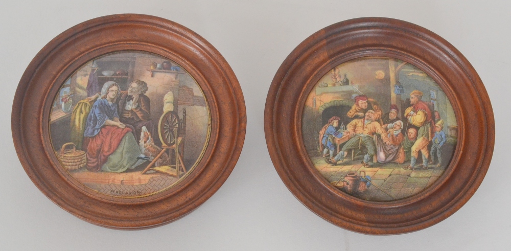Two framed 19th Century Staffordshire pot lids comprising Persuasion and The Dentist