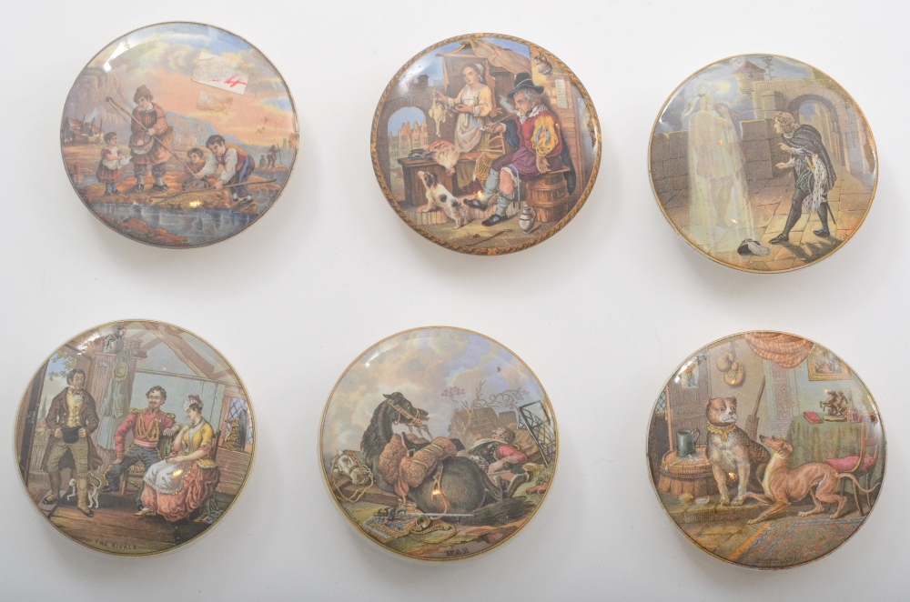 Six assorted 19th Century Staffordshire pot lids comprising The Rivals, Contrast, War, The Poultry