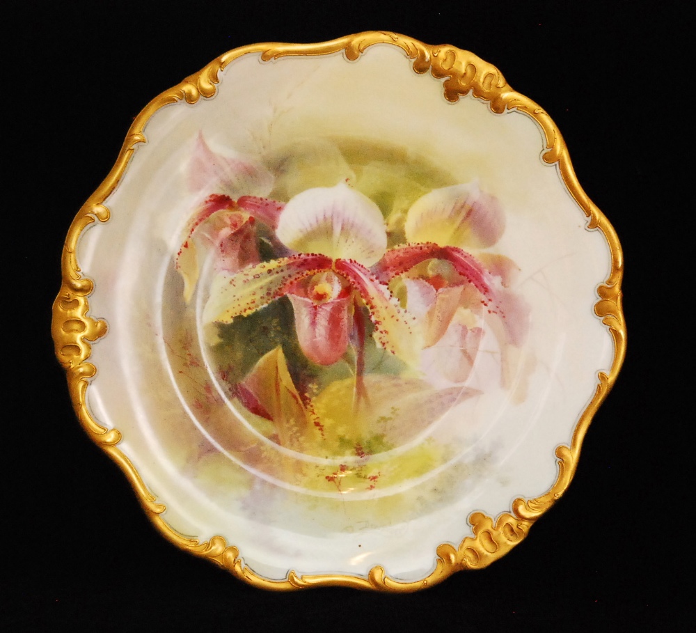 A Royal Doulton cabinet plate decorated by Dewsberry and entitled Cypripedium Vetchi Var, the