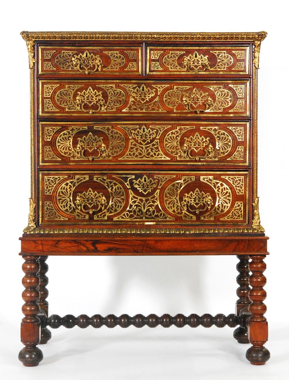An 18th Century inlaid walnut straight front chest of two short and three long drawers, later