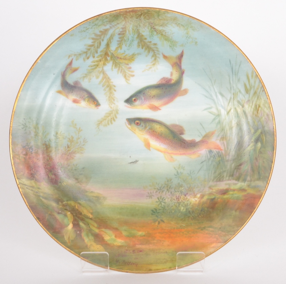 A George Jones Crescent & Sons cabinet plate handpainted by W. Birbeck with three char fish amidst