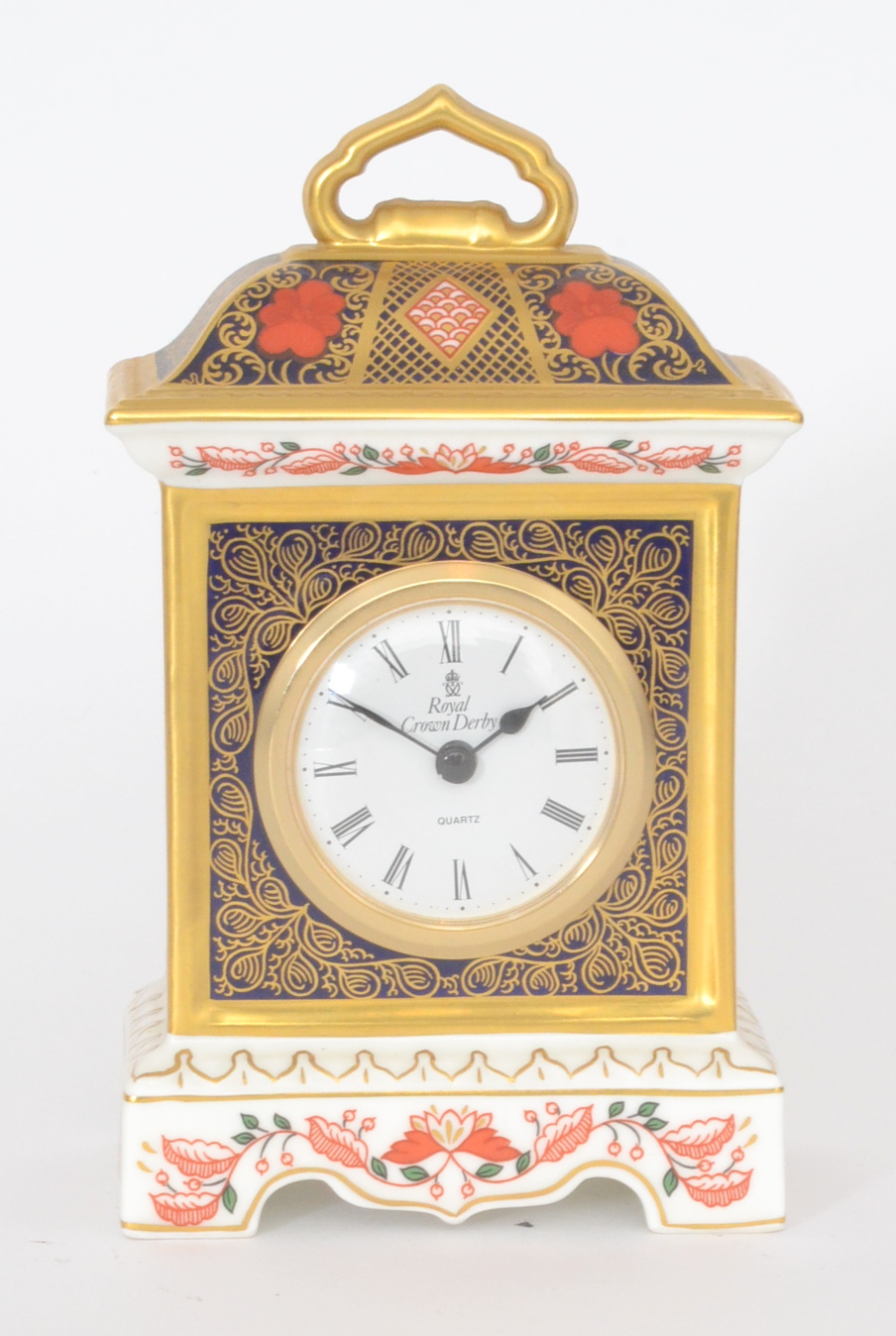 A 20th Century Royal Crown Derby Old Imari pattern mantle clock, printed marks, height 18cm