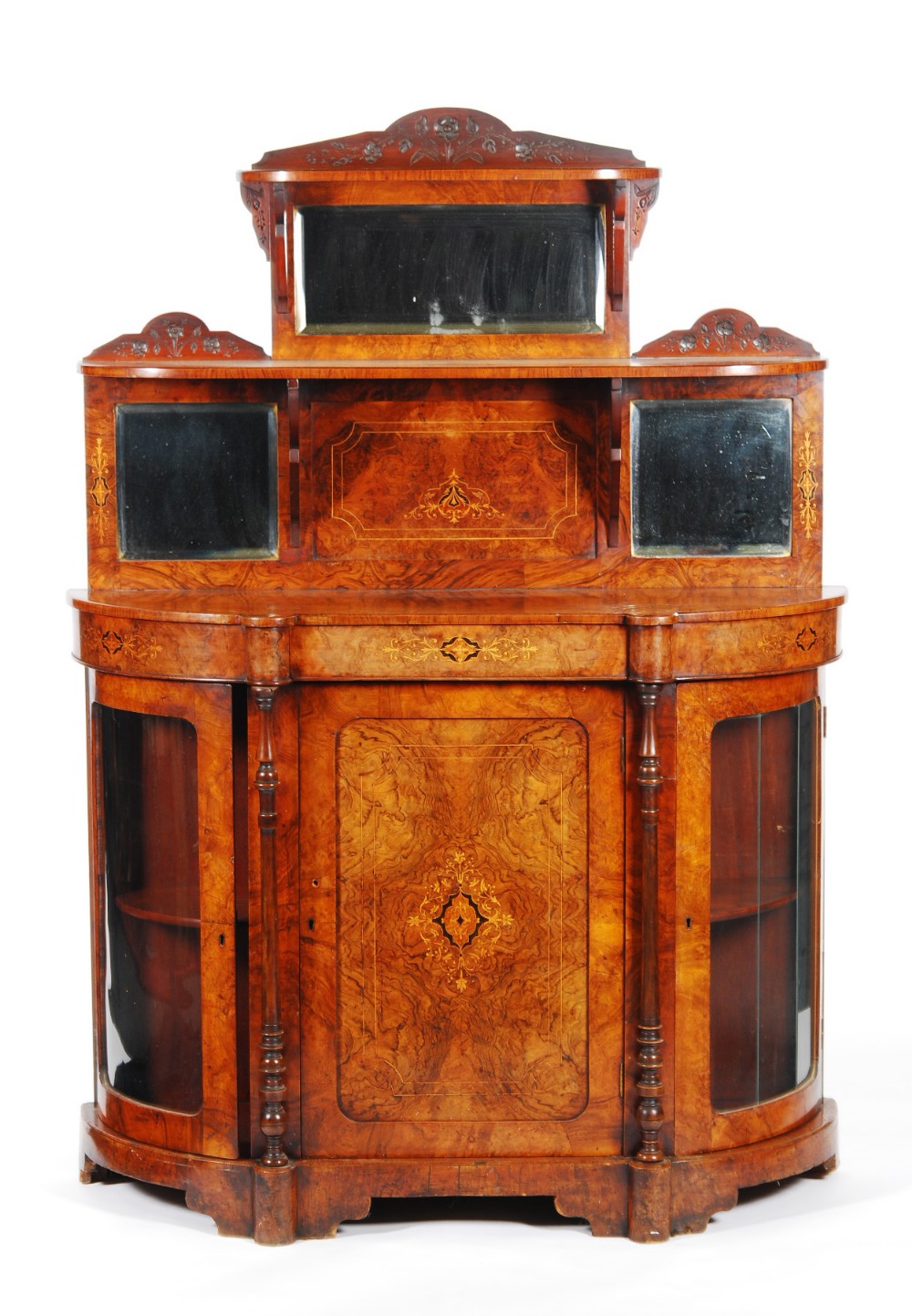 A late Victorian marquetry inlaid burr walnut small bowfront credenza, fitted with a single frieze