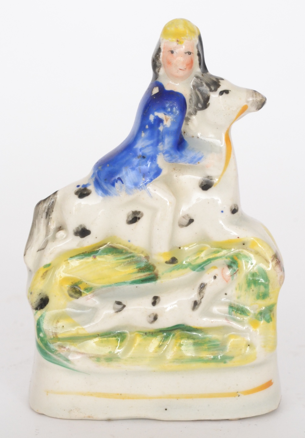 A 19th Century Staffordshire figure of a huntsman on horse back with his hound, height 11cm