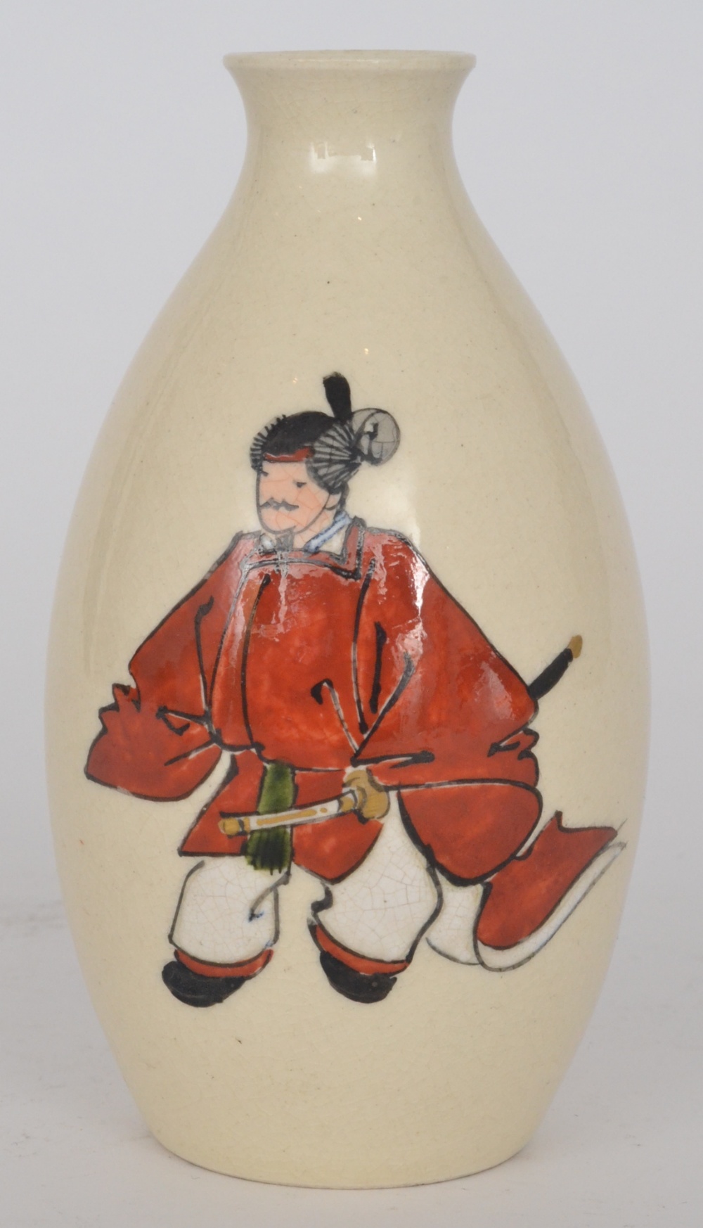 A 1930`s Japanese vase of ovoid form decorated with a handpainted Japanese warrior dressed in red