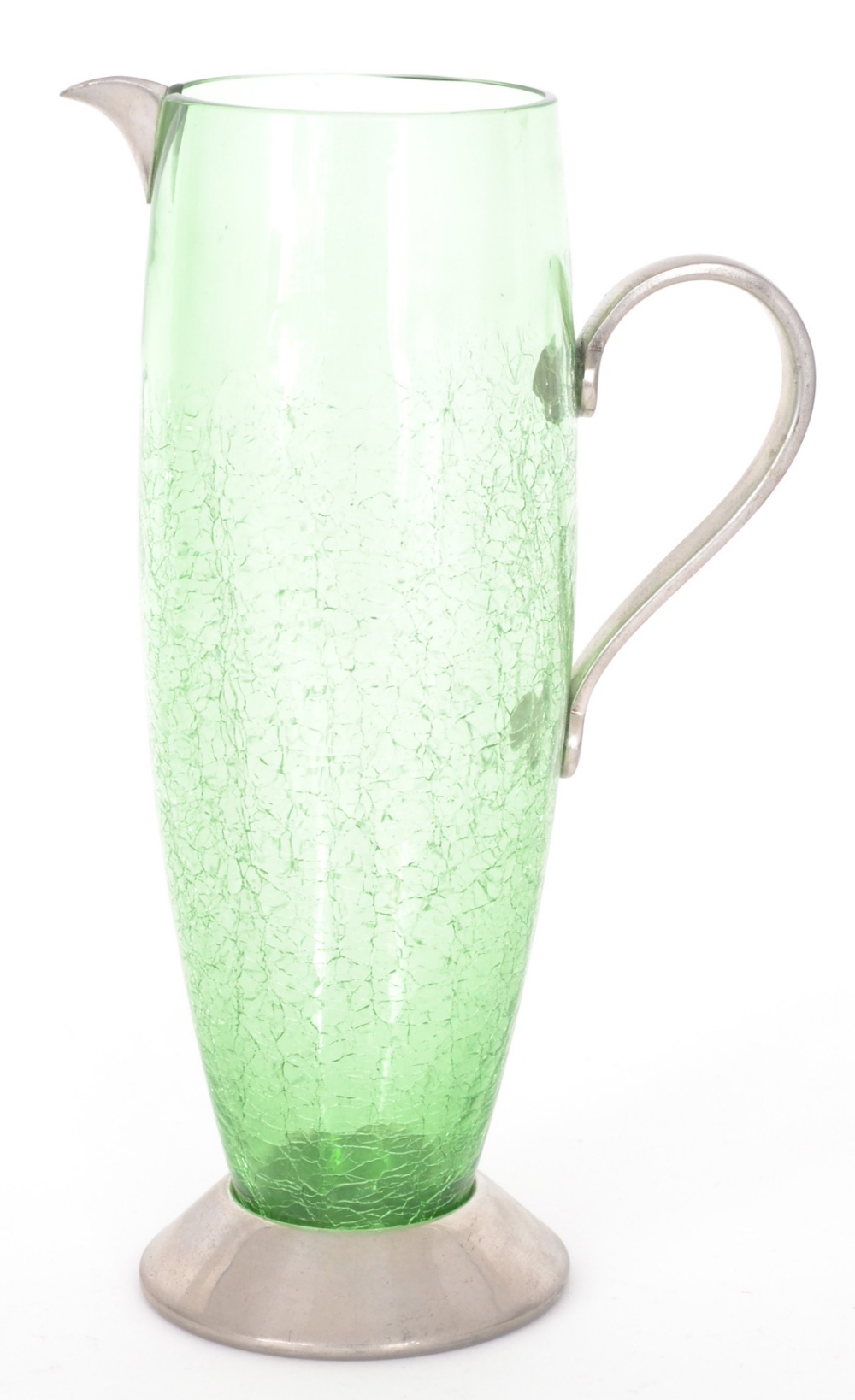 A later 20th Century crackle glass water jug designed by Nick Munro of slender swollen ovoid form in