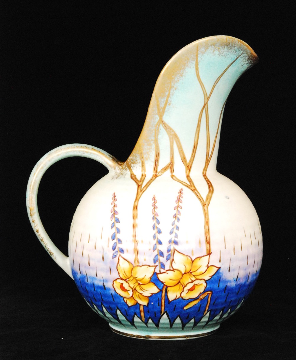 A Crown Devon 1930`s Art Deco ewer decorated in pattern M460 with handpainted daffodils and