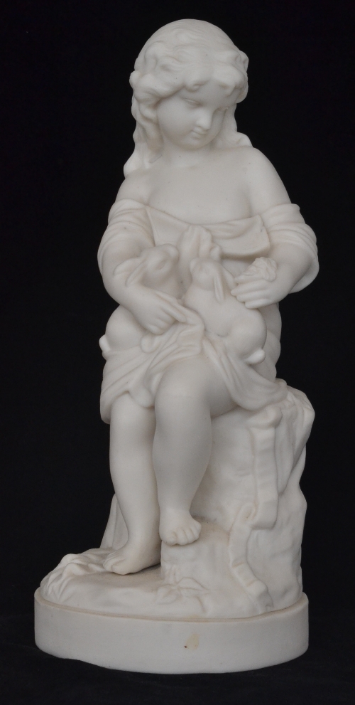 A late 19th Century Parian figure of a young girl holding two rabbits, unmarked, height 22cm