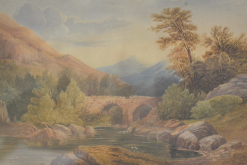 S JACKSON - Watercolour, figure on a bridge over a river in mountainous landscape, unsigned, 28cm