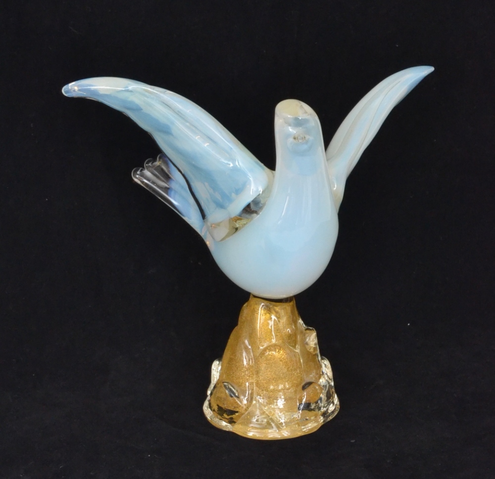 A Post War Italian Murano glass figure of a dove with wings spread, cased in clear over opalescent