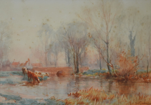 SIDNEY GARDENER - Watercolour, cattle watering with a cathedral and building in the distance, a