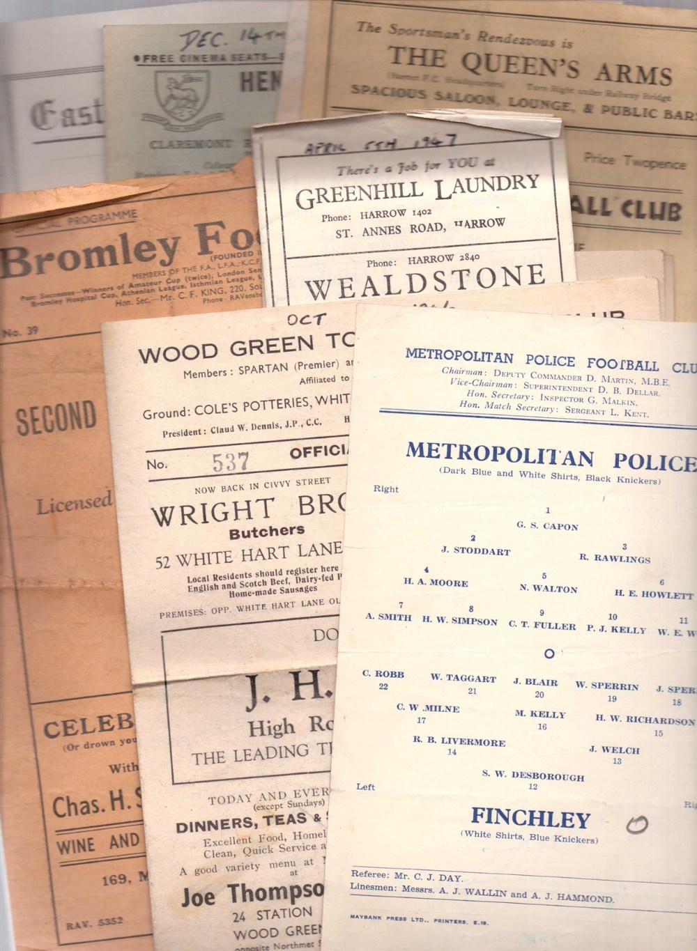Finchley FC Football Programmes: Away issues season 1946/7 versus Met Police, Wood  Green,