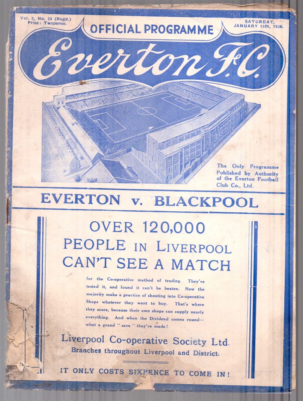 Everton Football Programme: Home issue versus Blackpool January 15th 1938 (1) Poor