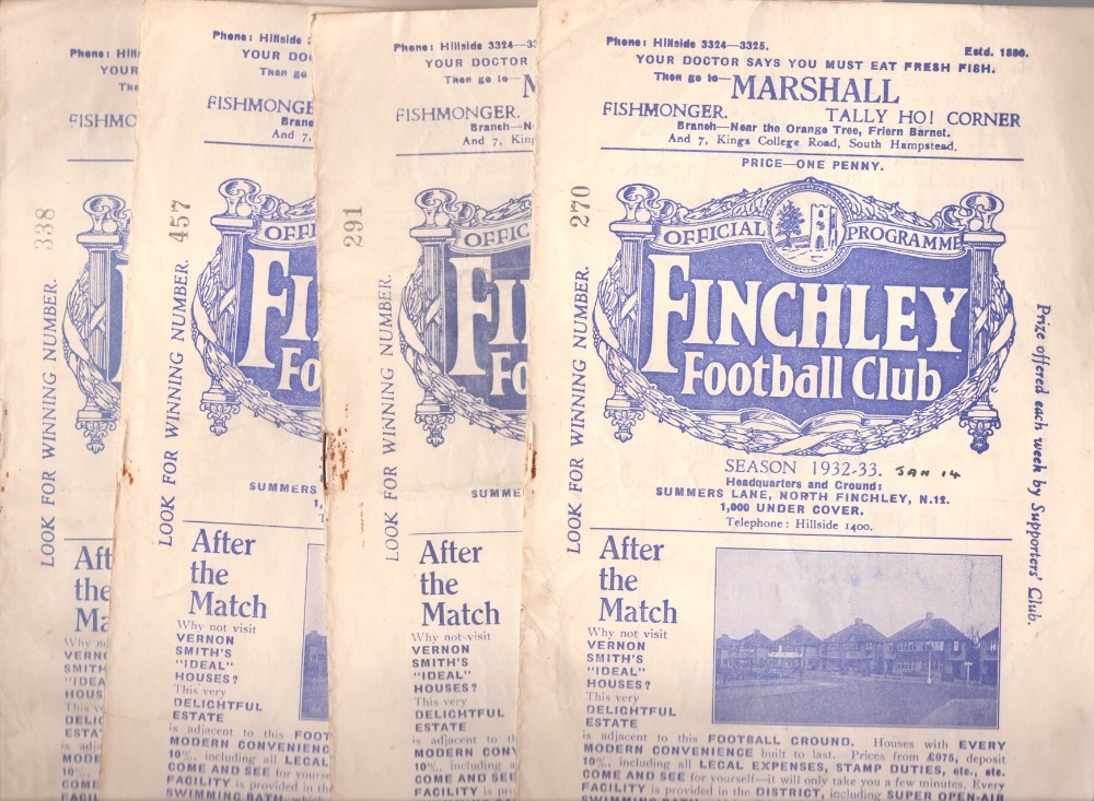 Finchley FC Football Programmes: Home issues season 1932/3 versus Sheppard’s Bush, North  Met,