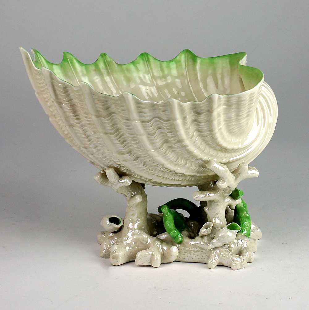 A rare Second Period Belleek "Imperial Shell Bowl," with green coloured rim. (1)