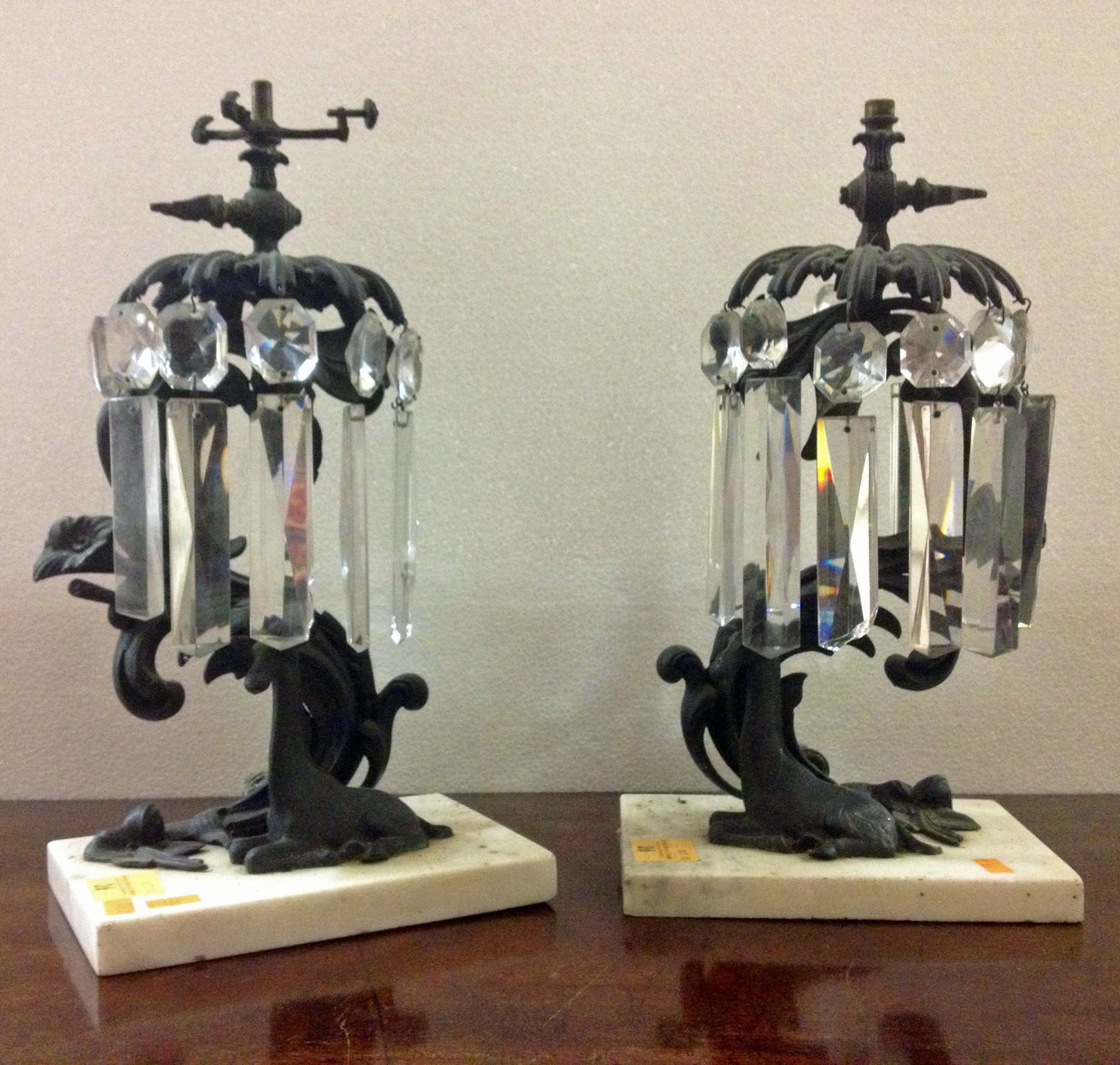 A pair of late 19th Century bronze and lustre Table Lamps, (originally for gas), mounted with