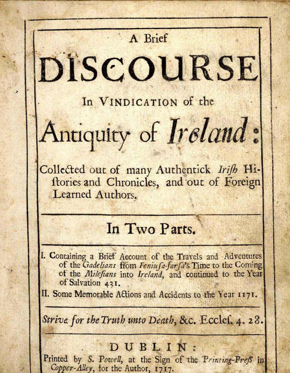 [Mac Curtin (H.) A Brief Discourse In Vindication of the Antiquity of Ireland:.. In Two Parts. Sm.