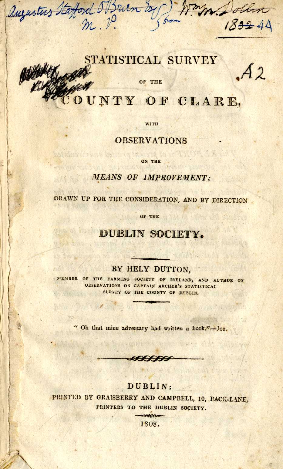 Co. Clare etc: Dutton (H.) Statistical Survey of the County of Clare, 8vo D. 1808. First Edn., lacks
