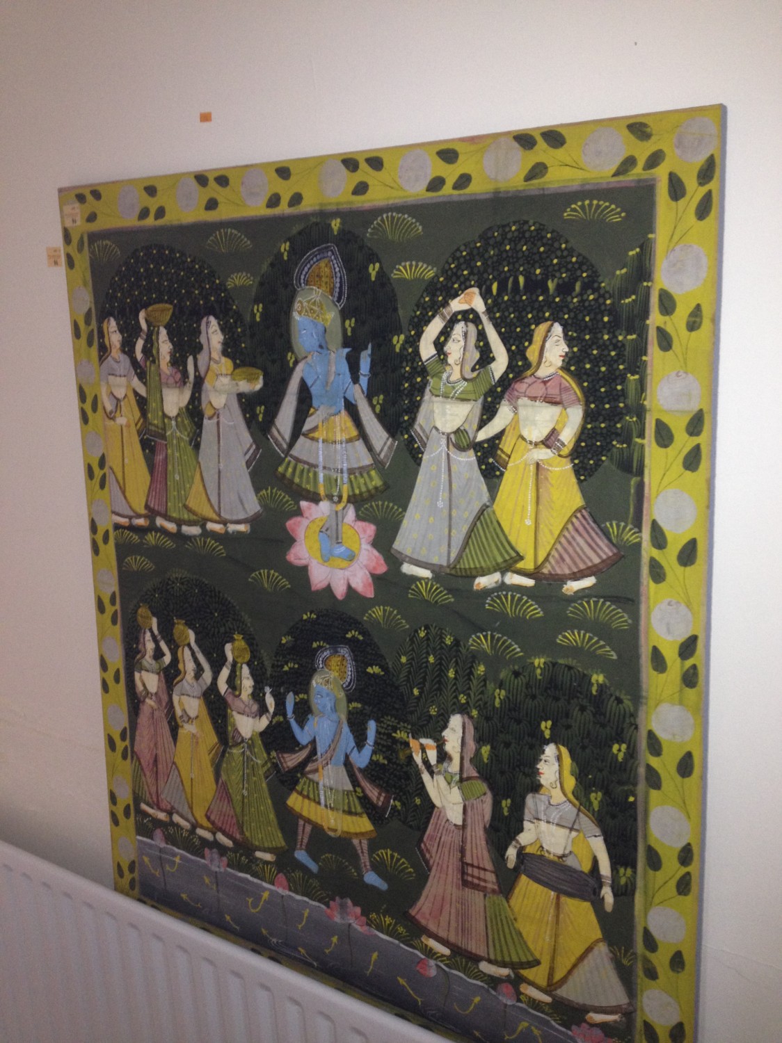 A large Indian Painting on panel, "Honouring the Gods," 100cms x 85cms (39 1/2" x 33 1/4"),