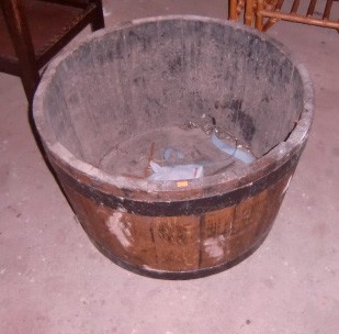 A very large iron bound wooden Wine Tub, with stamp on bottom. (1)