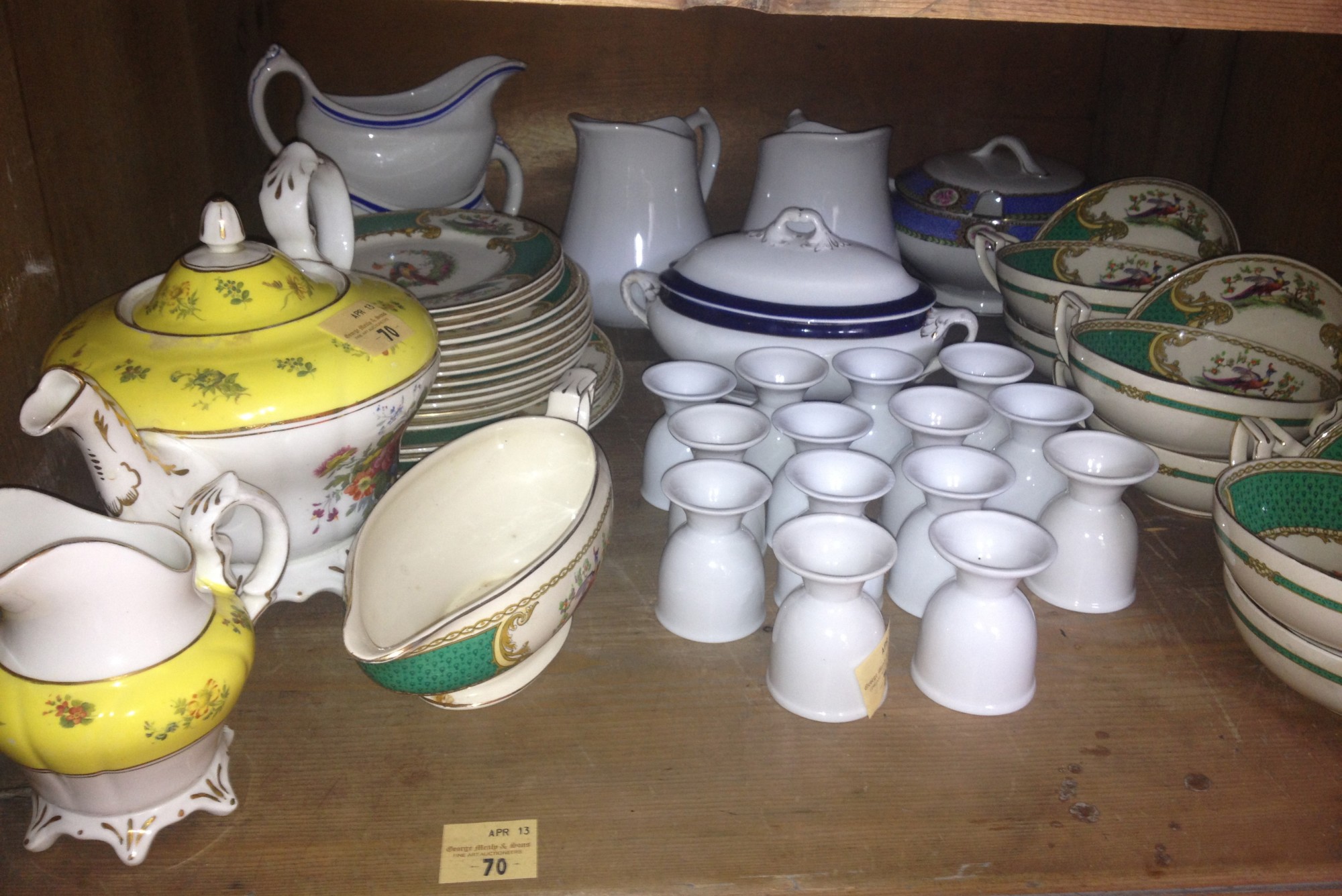 Shelf of Porcelain: A part Dinner Service, Soup Dishes, and Plates etc; attractive yellow ground
