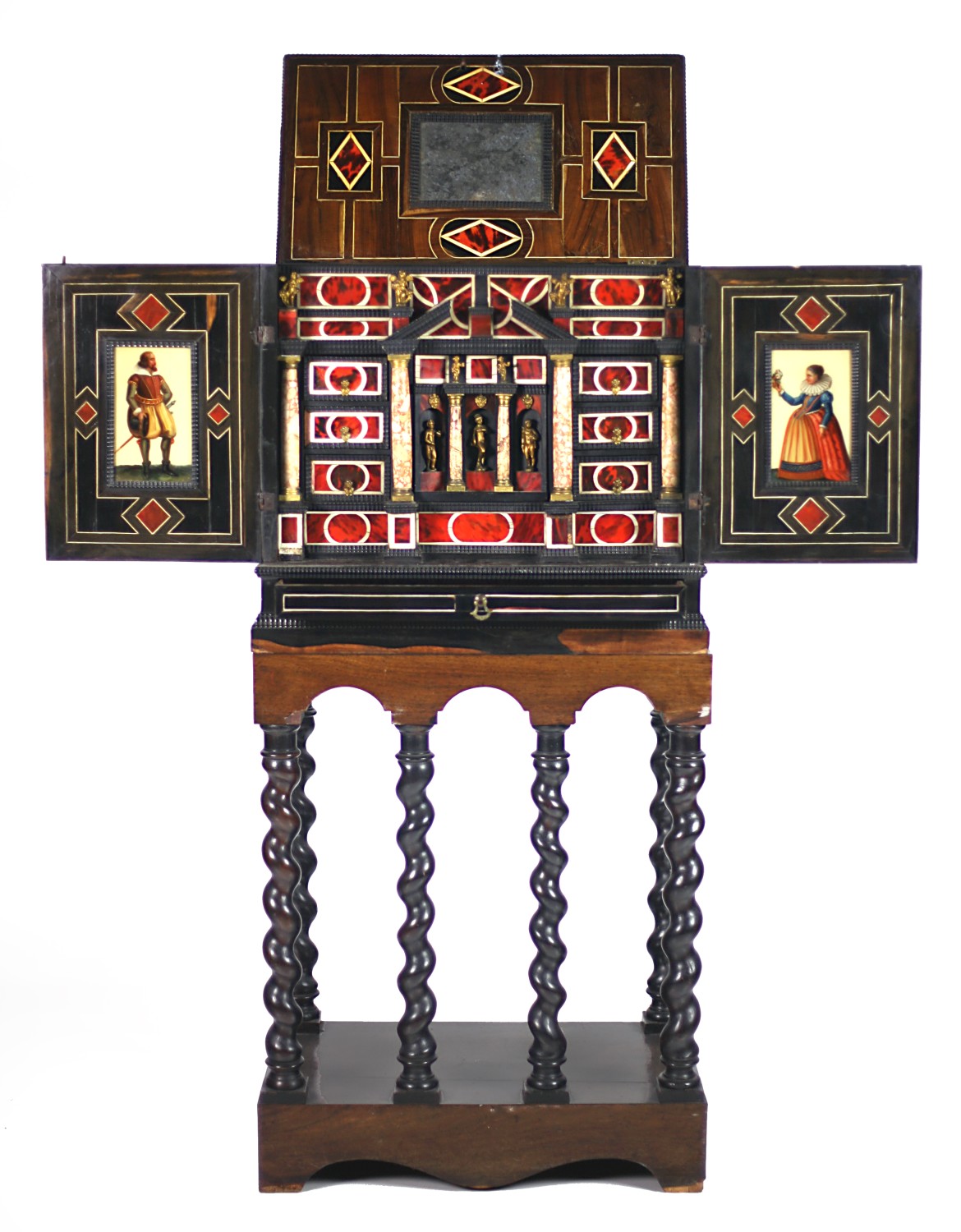 A rare and attractive antique coromandel wood Cabinet on Stand, the inlaid canopy lift top with