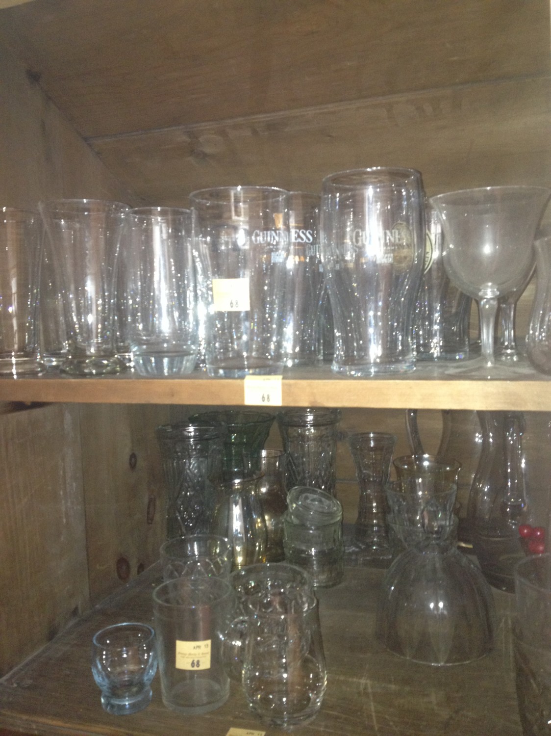 Two shelves of various Glassware, Flower Vases, and Drinking Glasses. As a lot, w.a.f. (1)