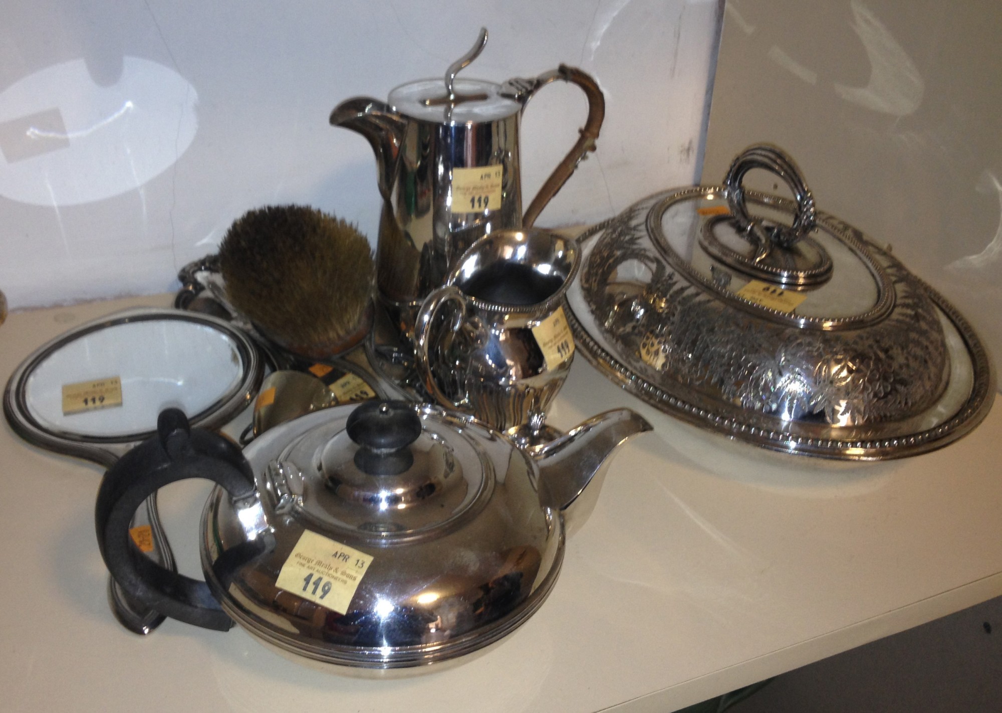 Silver Plateware, etc: Silver mirror and brush, silver plate bulbous teapot, plated hot water jug,