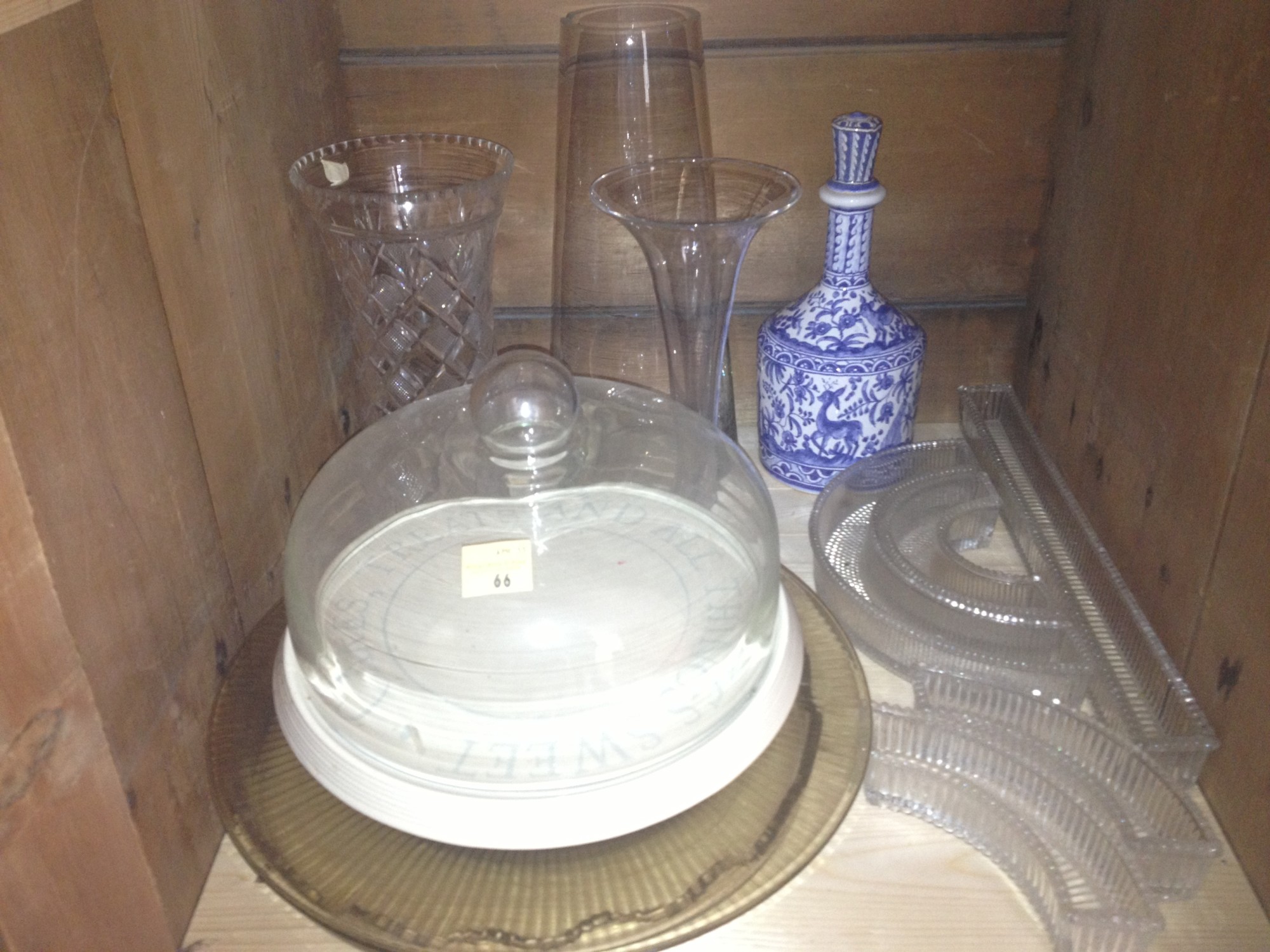 Three large glass Flower Vases, (1 cutglass), a porcelain and glass Cake Stand and Cover; two