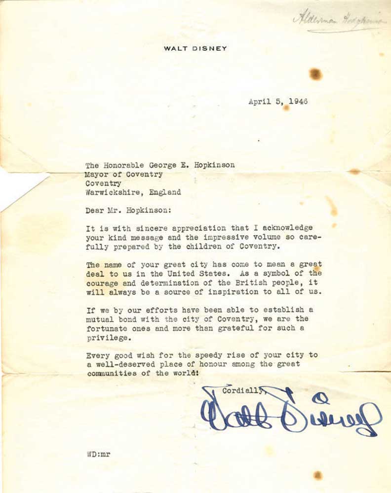 DISNEY, WALT Typed Letter Signed - (TLS) A typed letter to George E. Hopkinson, Mayor of Coventry,