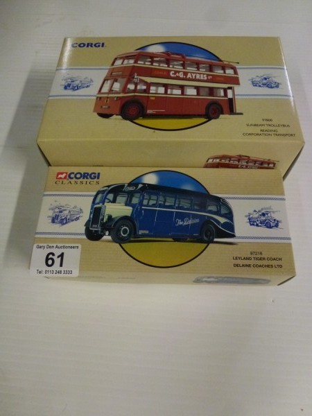 2 corgi classics 97216 leyland tiger coach delaine coaches ltd and 97800 sunbeam trolley bus