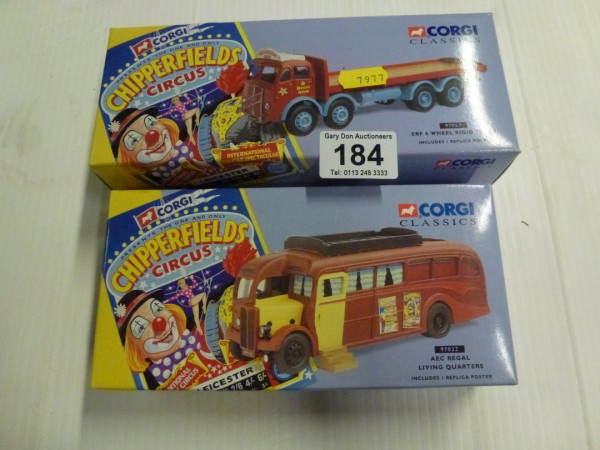 Two Corgi Classics: Chipperfields Circus 97957 ERF 8 Wheel Rigid Truck and AEC Regal Living