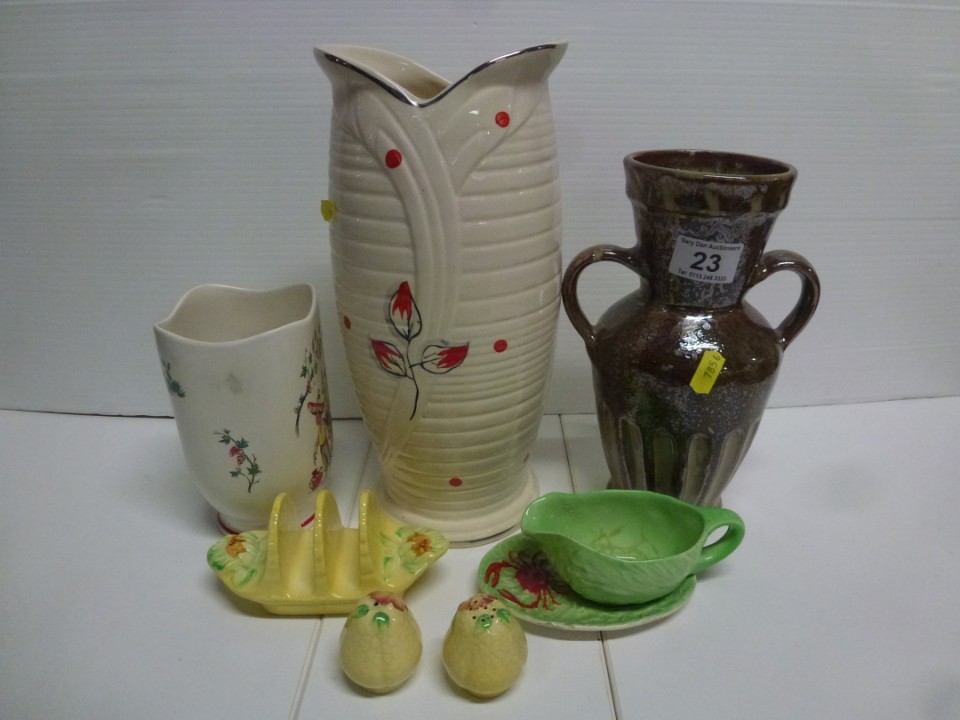 Royal Winton Breakfast Set, Carlton Ware Pouring Jug, Stoneware Vase, Arthur Wood Vase And Crown