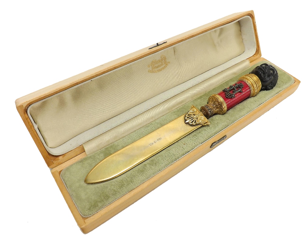 Fine and rare Faberge silver gilt and enamel letter opener by work master Erik August Kollin, the