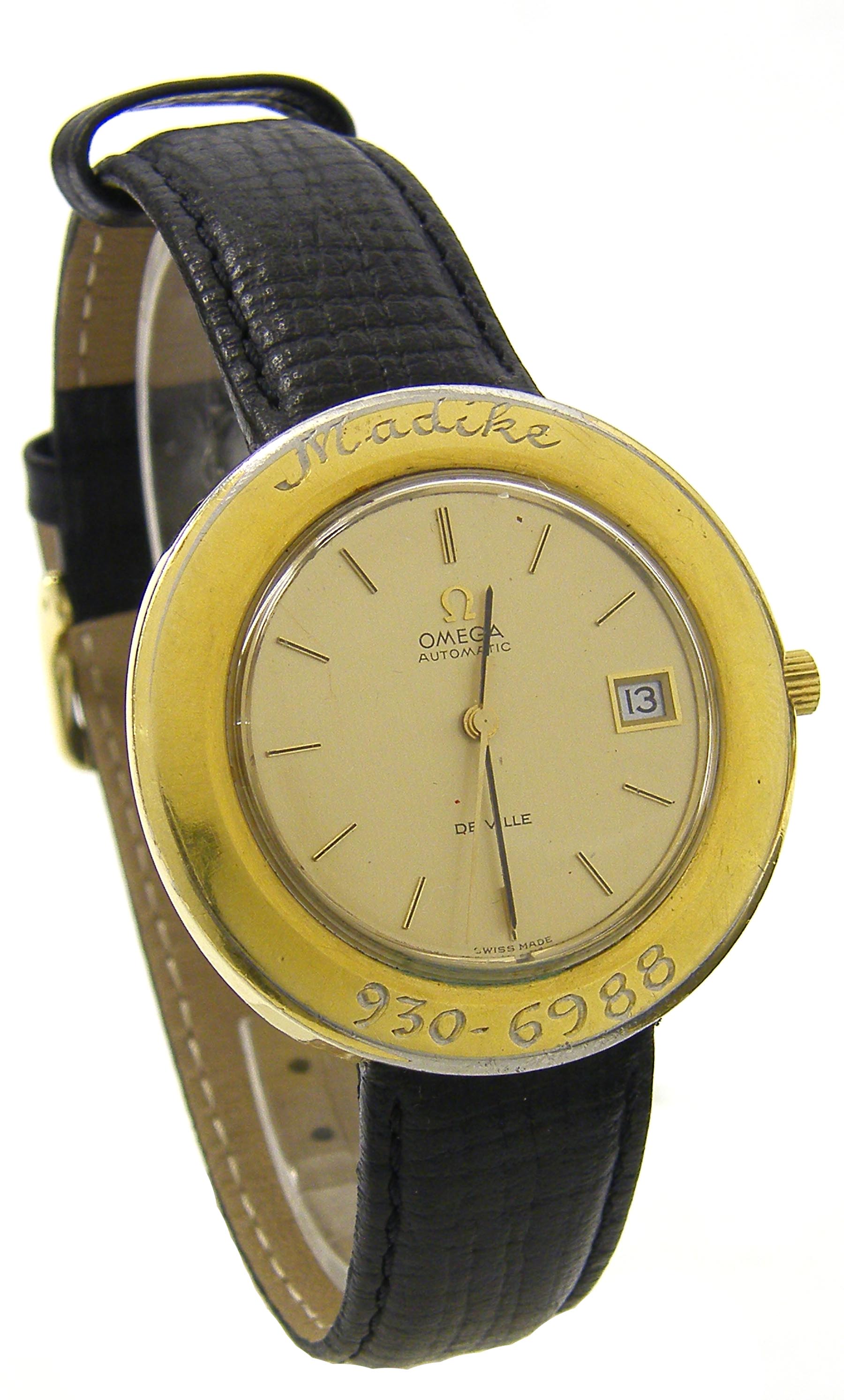 Unusual Omega De Ville automatic gold plated gentleman`s wristwatch, the circular gilt dial with