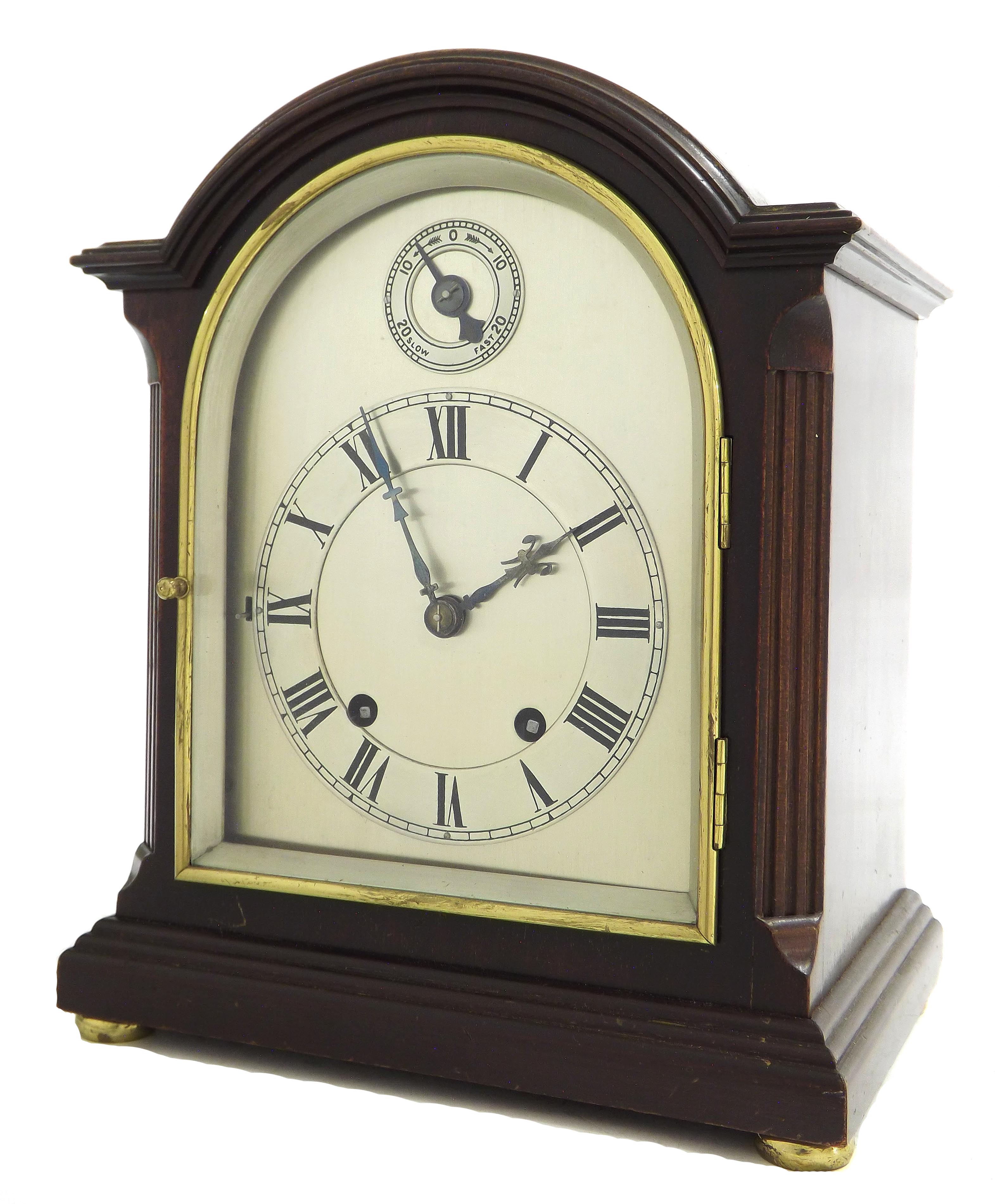 Mahogany two train mantel clock, the movement playing and striking on five gongs, the 5.5"
