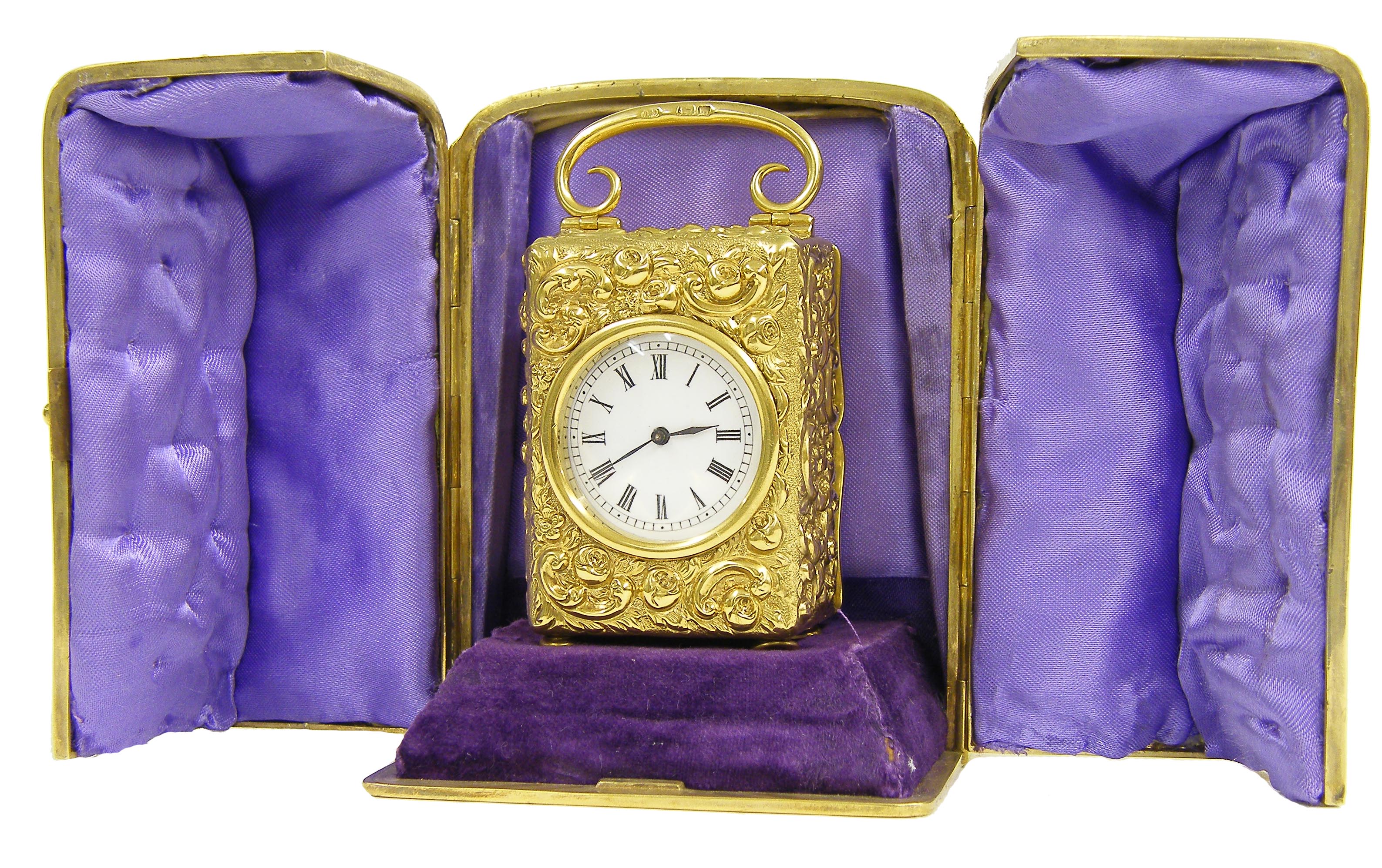 English silver gilt miniature carriage clock timepiece with French movement, the 1.25" white dial