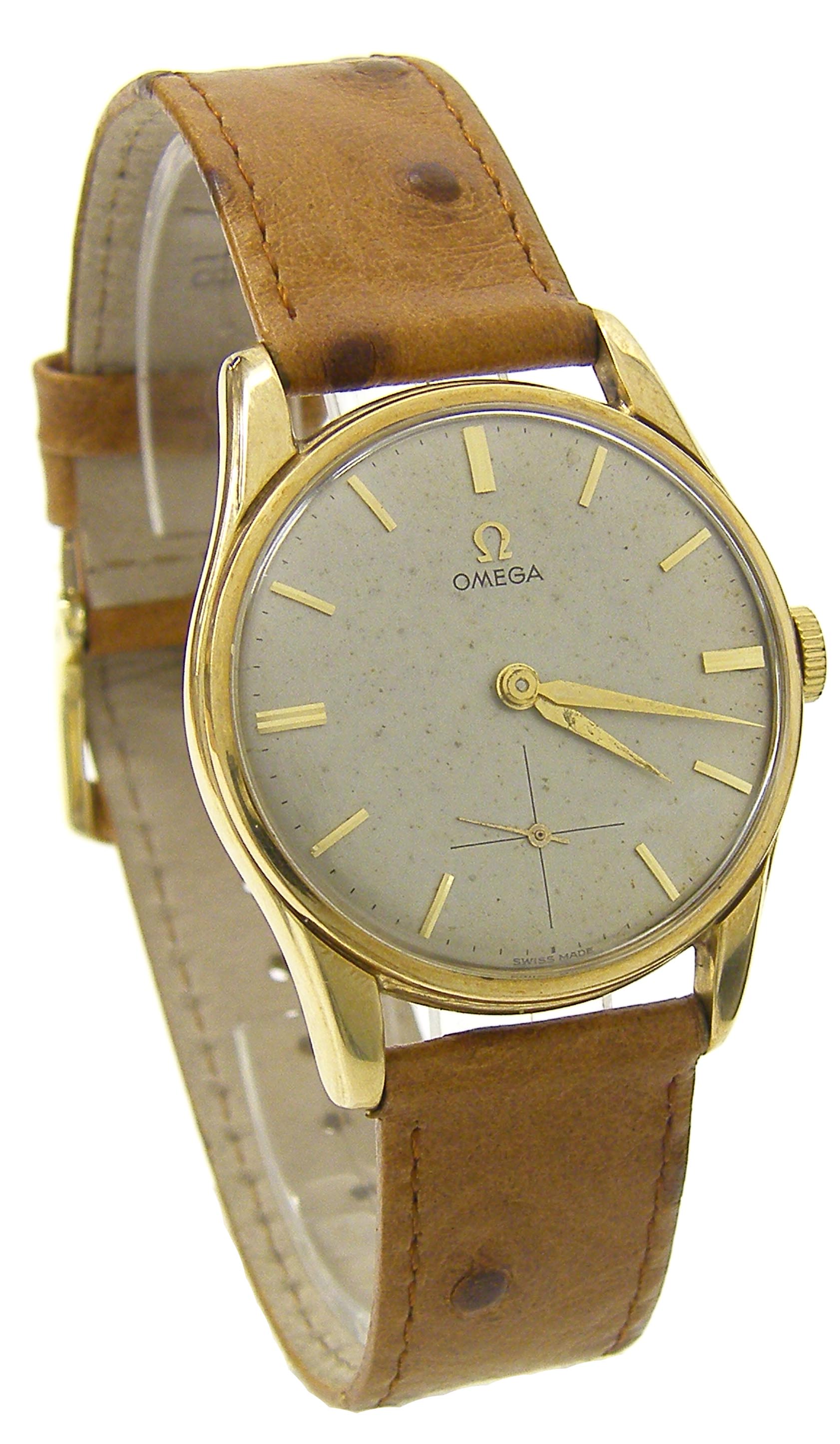 Omega 9ct gentleman`s wristwatch, the silvered circular dial with baton markers, subsidiary