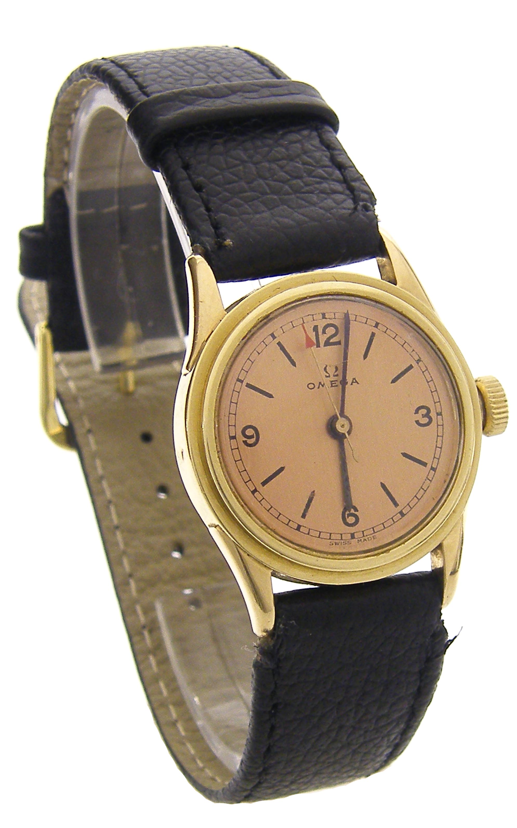 Omega 1940s 14ct mid-size wristwatch, the bronze dial with Arabic quarter numerals, baton markers